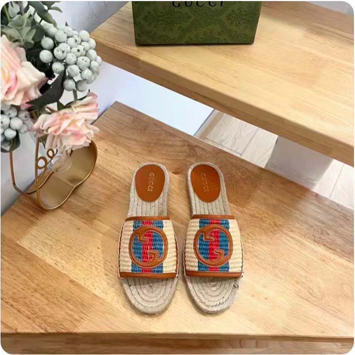 Gucci Unisex GG Interlocking G Espadrille Natural Raffia Leather Round Flat Sandal