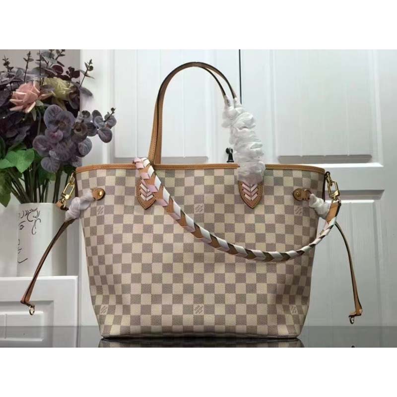 Louis Vuitton LV Women Neverfull MM Tote Bag Damier Azur Coated Canvas