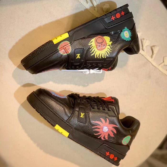Louis Vuitton Unisex LV x YK LV Trainer Sneaker Black Printed Grained Calf Leather Monogram Flowers