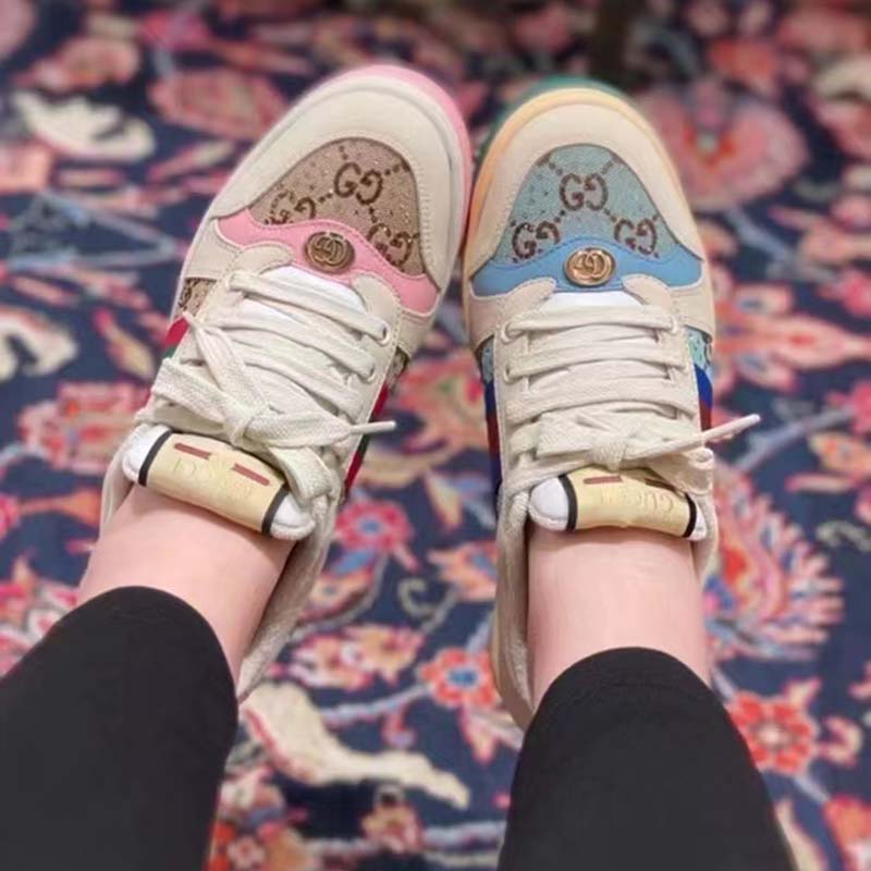 Gucci Unisex Screener Sneaker Crystals Beige Ebony GG Canvas 3.6 cm Heel