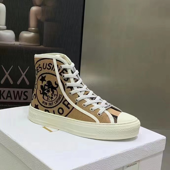 Dior Unisex CD Shoes Walk’n’Dior High-Top Sneaker Beige Jute Canvas Embroidered Union Motif
