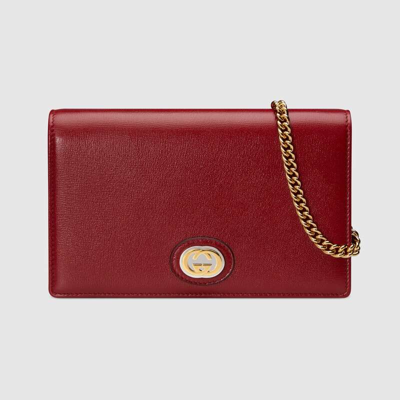 Gucci GG Women Leather Chain Card Case Wallet in Textured Leather