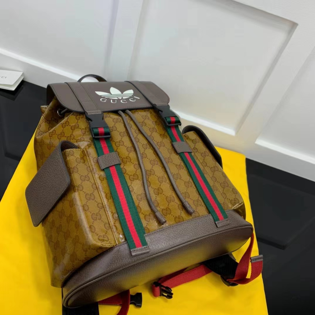 Gucci Unisex GG Adidas x Gucci Backpack Beige Brown GG Crystal Canvas Trefoil Print