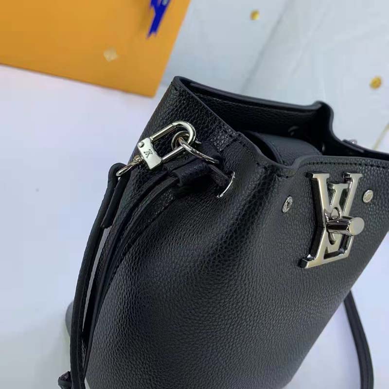 Louis Vuitton LV Women Nano Lockme Bucket Bag Black Grained Calf Leather