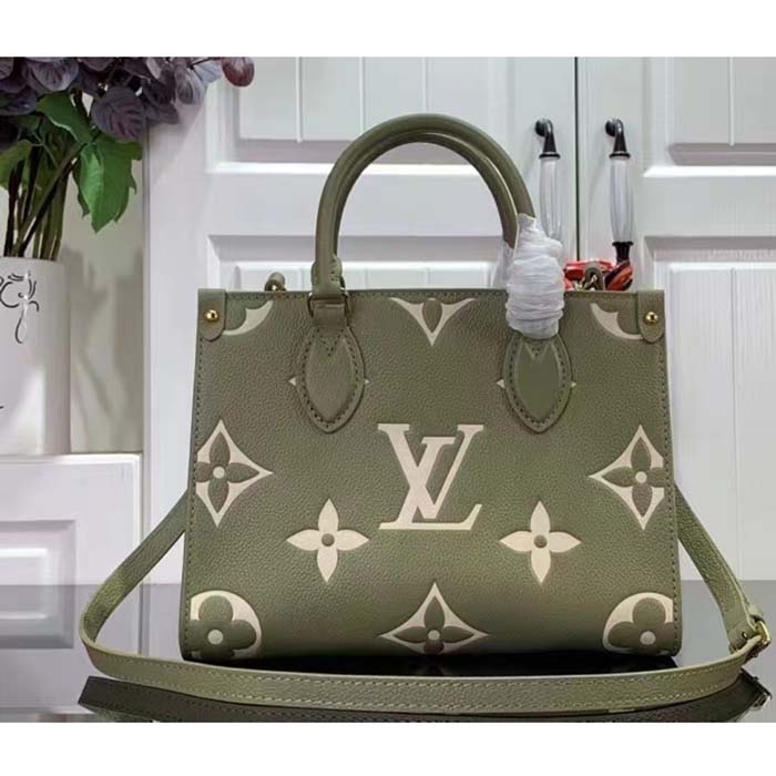 Louis Vuitton LV Women Onthego PM Light Khaki Cream Monogram Empreinte Embossed Grained Cowhide Leather