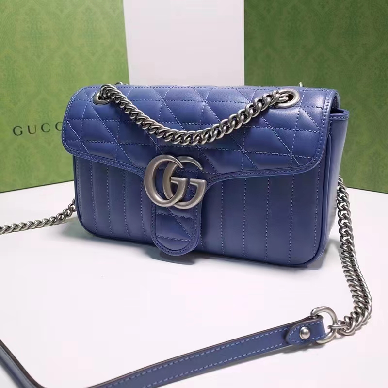 Gucci Women GG Marmont Small Shoulder Bag Blue Matelassé Leather Double G