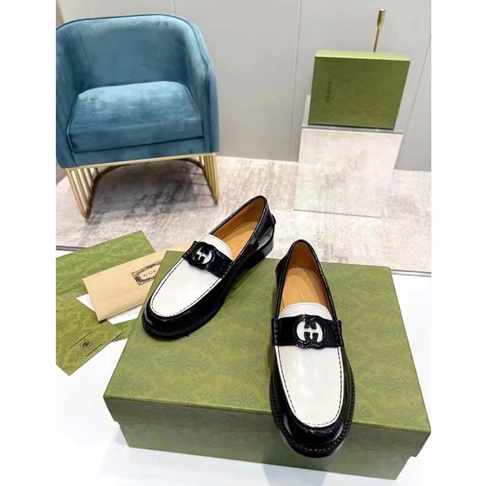 Gucci Unisex GG Interlocking G Loafer Black White Leather Sole Flat 1.5 CM Heel