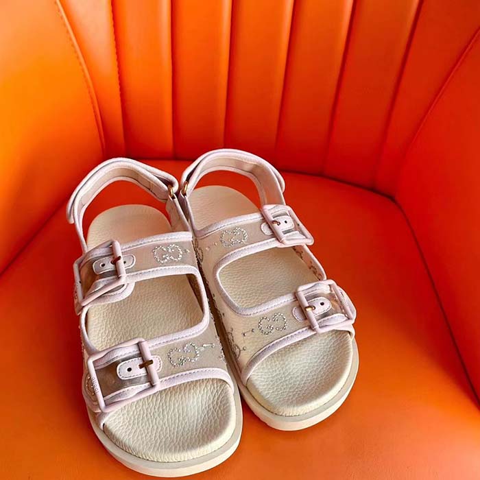 Gucci Women GG Sandal Crystals Rose Beige Mesh Tonal Suede Rubber Sole Flat