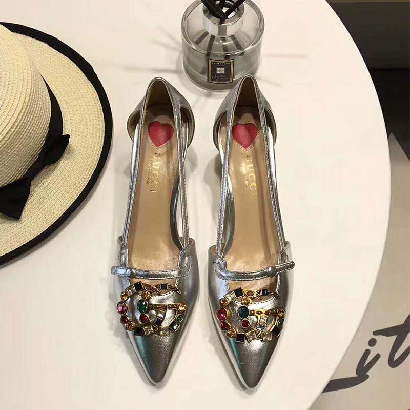 Gucci Women Shoes Metallic Leather Pump with Crystal Double G 50mm Heel-Silver