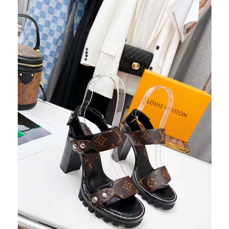 Louis Vuitton LV Women Star Trail Sandal Black Calf Leather Patent Monogram Canvas 9.5 cm Heel