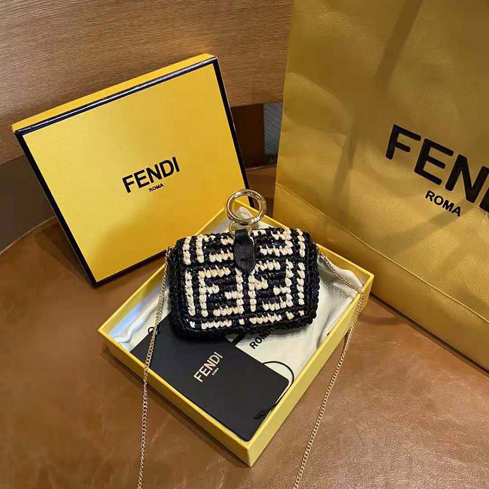 Fendi Women Nano Baguette Charm Black Raffia Charm