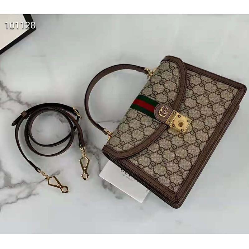 Gucci Women Ophidia Small Top Handle Bag with Web Beige GG Supreme Canvas