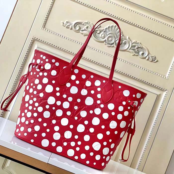 Louis Vuitton Women LVxYK Neverfull MM Tote Red White Embossed Grained Monogram Empreinte Cowhide