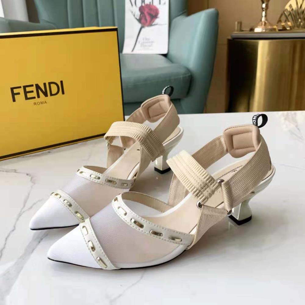Fendi Women Colibri Pink Mesh Medium-Heel Slingbacks with Metal Stitches