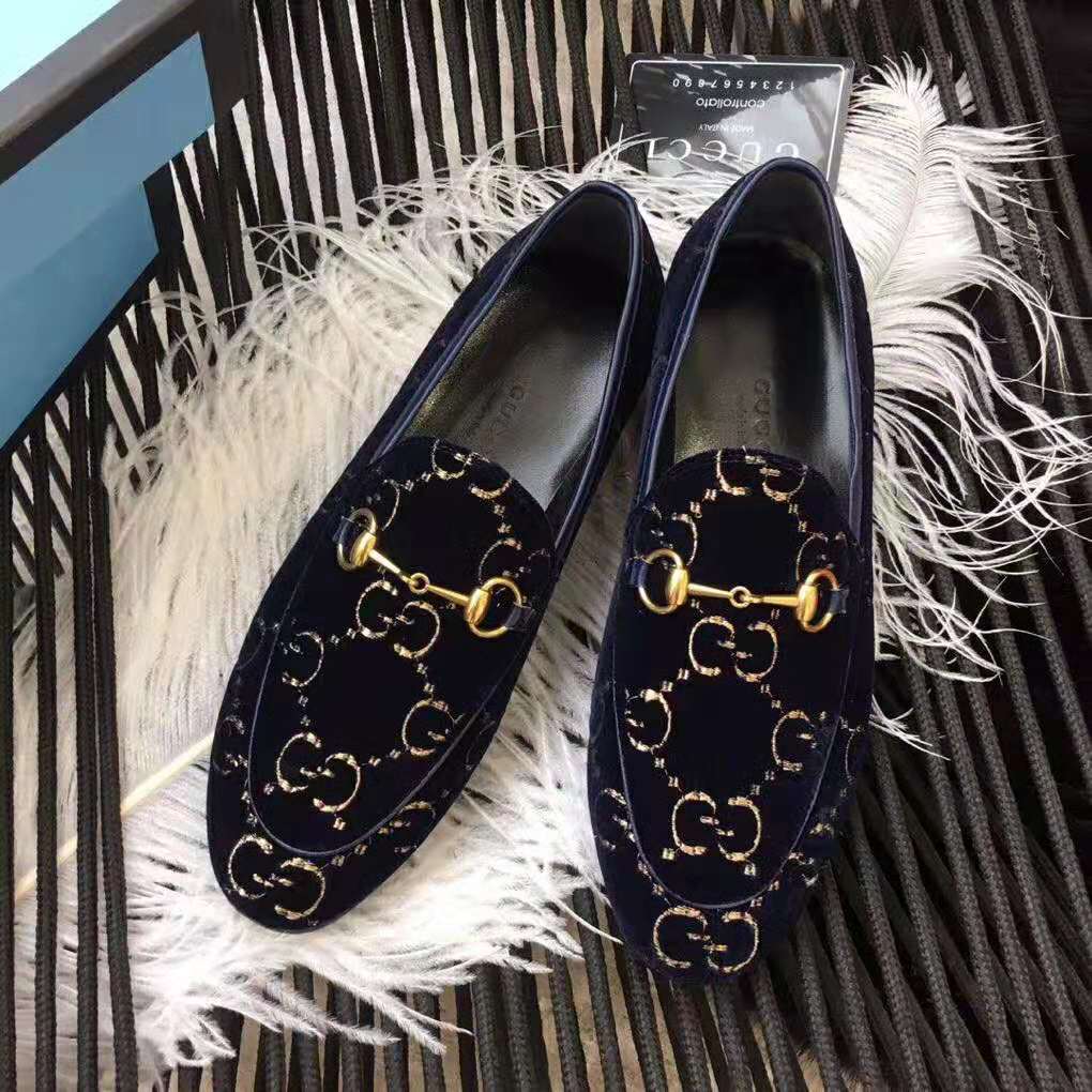 Gucci Unisex Jordaan GG Velvet Loafer-Navy