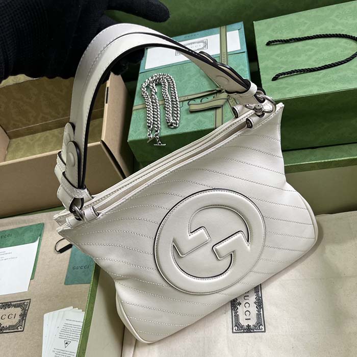 Gucci Women GG Blondie Small Tote Bag White Leather Round Interlocking G
