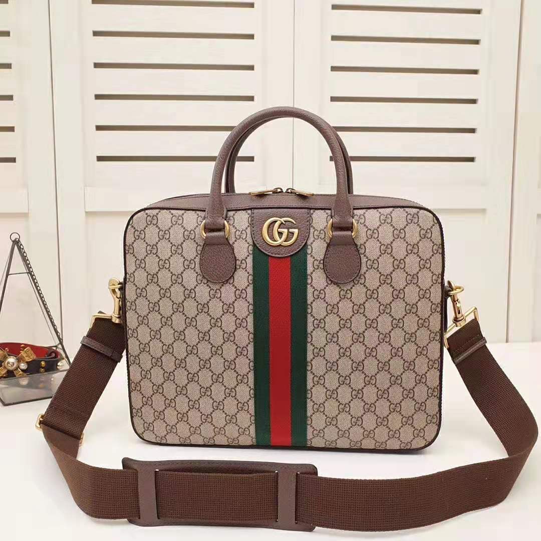 Gucci GG Men Ophidia GG Briefcase in Beige/Ebony Soft GG Supreme Canvas