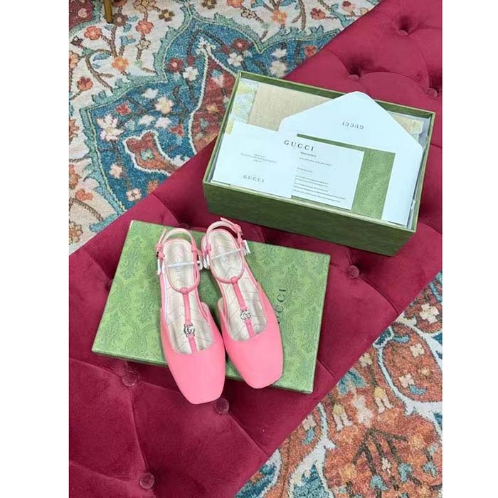 Gucci Women GG Double G Ballet Flat Pink Leather Square Toe 1.5 CM Heel