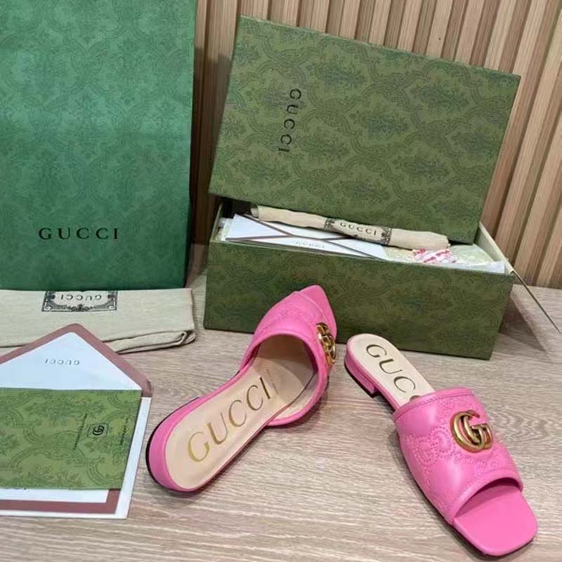 Gucci Women GG Matelassé Slide Sandal Bright Pink Double G Square Toe Flat
