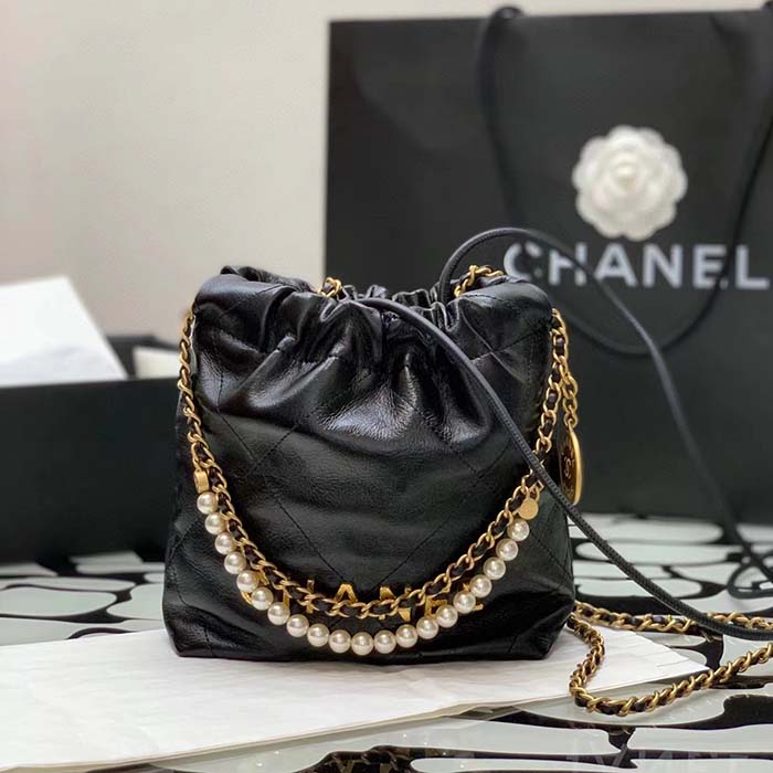 Chanel Women CC 22 Mini Handbag Shiny Crumpled Calfskin Gold-Tone Metal Black