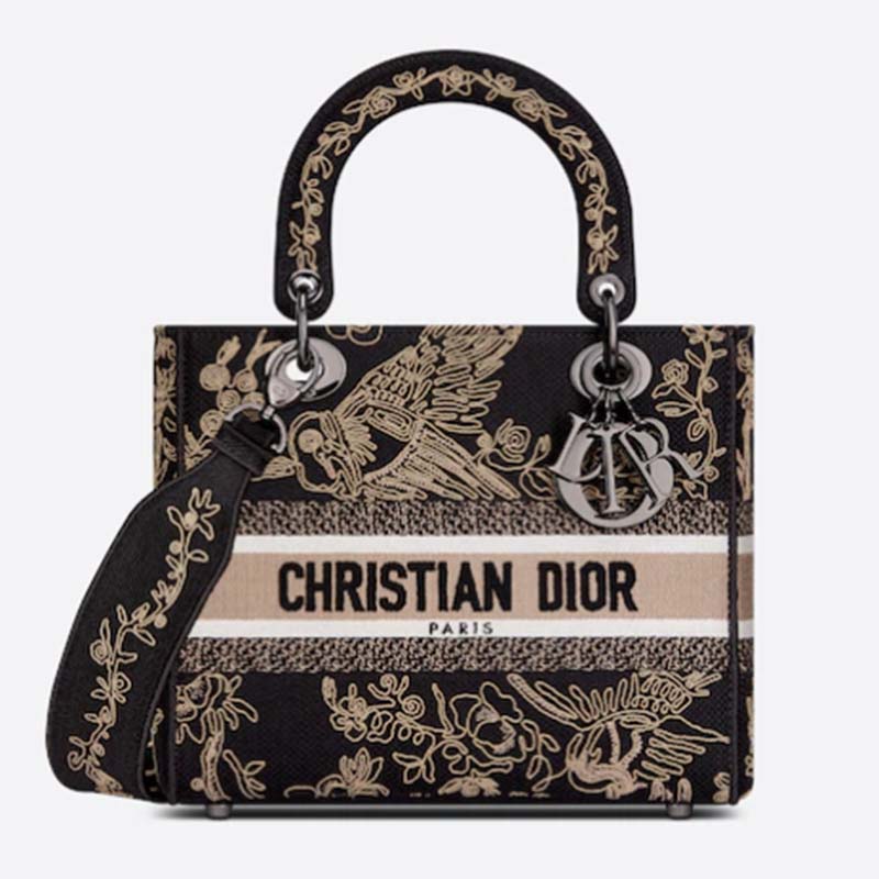 Dior Women CD Medium Lady D-Lite Bag Black Cornely-Effect Jardin D’Hiver Embroidery