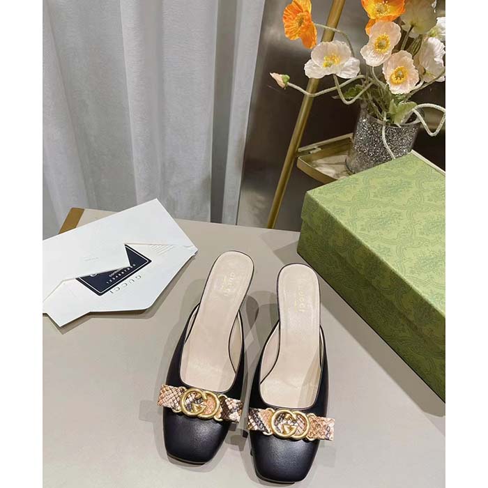 Gucci Women GG Interlocking G Mule Black Leather Square Toe Leather Mid-Heel