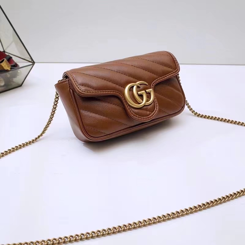 Gucci Women GG Marmont Matelassé Super Mini Bag Brown Leather Double G