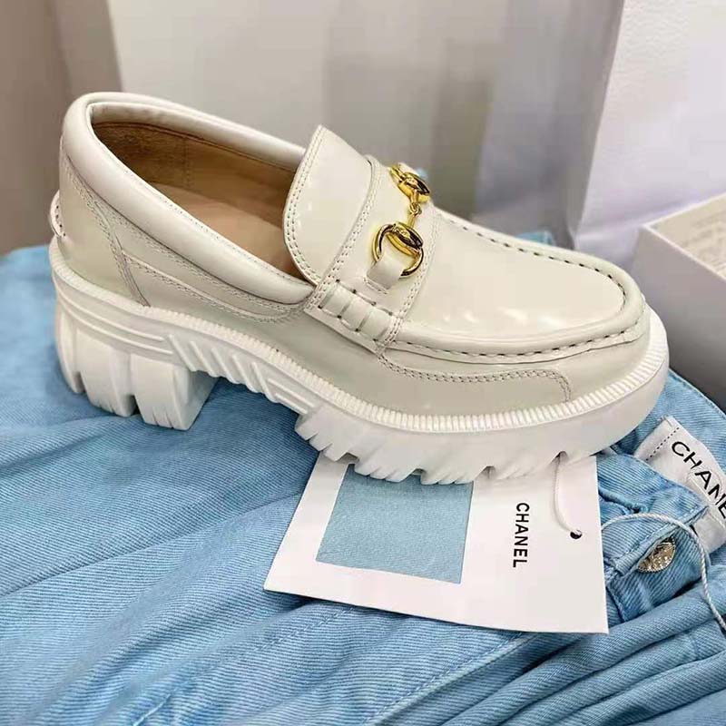 Gucci GG Women Lug Sole Horsebit Loafer White Shiny Leather 3 cm Heel