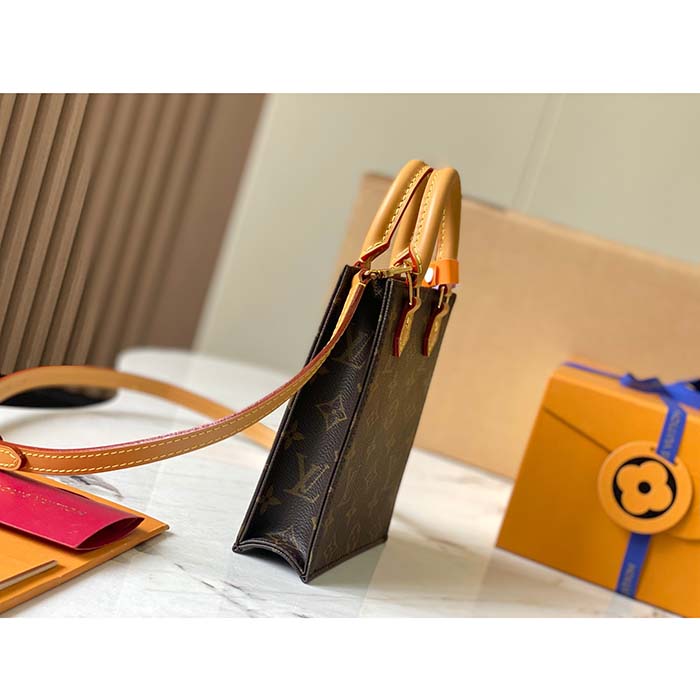 Louis Vuitton LV Unisex Petit Sac Plat Bag Monogram Coated Canvas Aged Natural Cowhide Leather