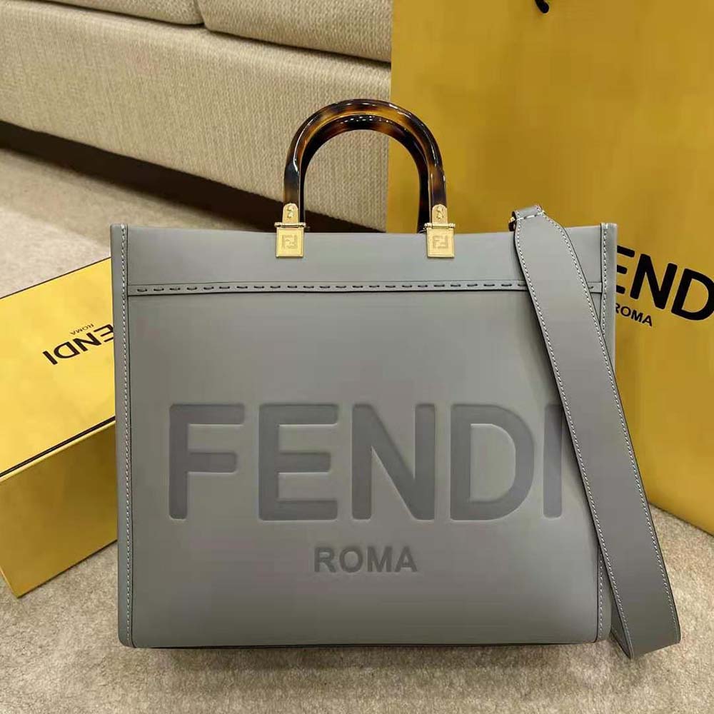 Fendi Women Sunshine Medium Leather Shopper-Grey