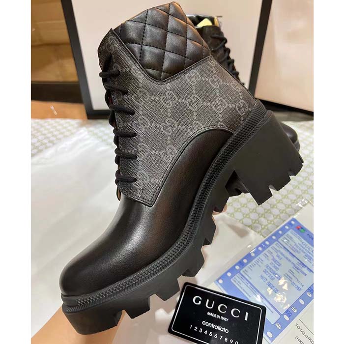 Gucci Women Ankle Boots Black GG Supreme Canvas Rubber Lace-Up High Heel