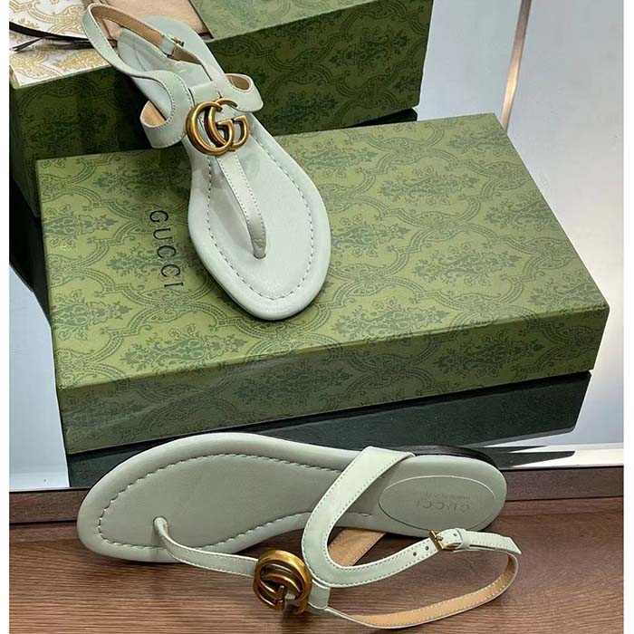 Gucci Women GG Double G Thong Sandal Light Green Leather Flat 0.5 CM Heel