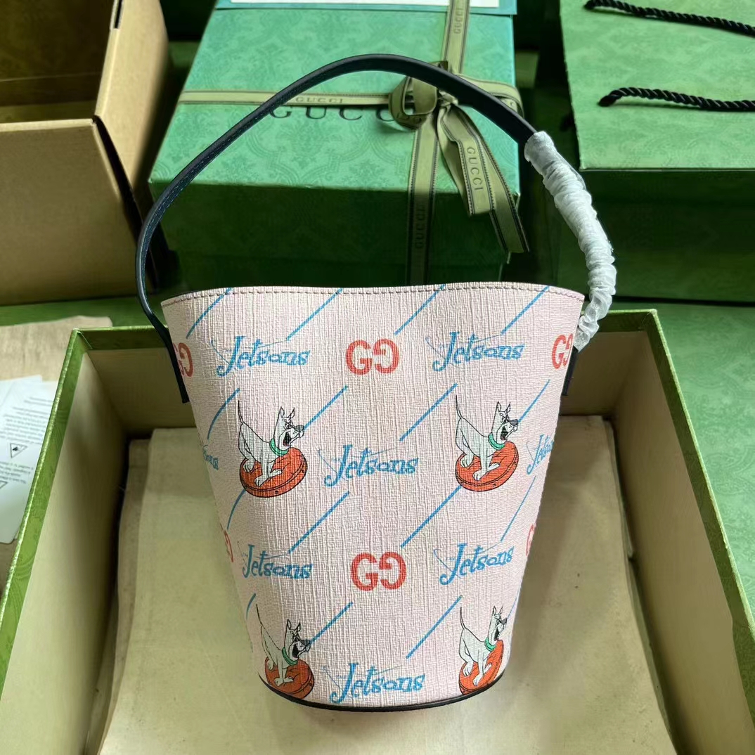 Gucci Unisex Printed Bucket Bag GG The Jetsons Print Pink Blue Supreme Canvas