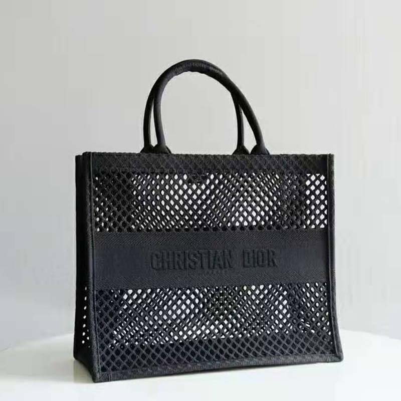 Dior Women Dior Book Tote Black Mesh Embroidery ‘Christian Dior’