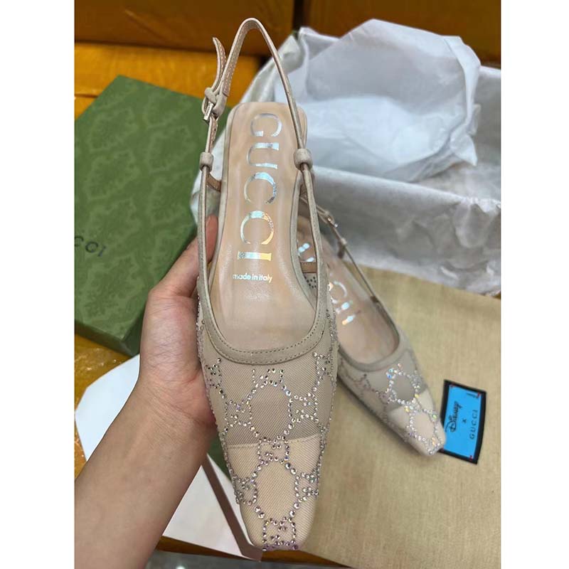 Gucci Women GG Slingback Pump Rose Beige Mesh Crystals Kitten 4 Cm Heel