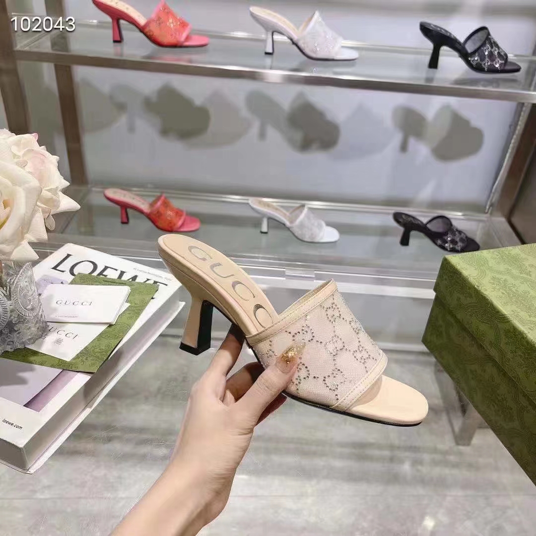 Gucci Women GG Mid Heel Slide Sandal Rose Beige GG Crystal Mesh 7.6 CM Heel