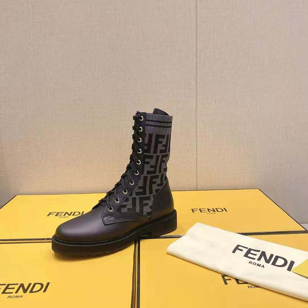 Fendi Women Rockoko Black Leather Biker Boots with Stretch Fabric