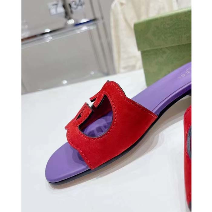 Gucci Unisex Interlocking G Cut-Out Slide Sandal Red Purple Suede Flat
