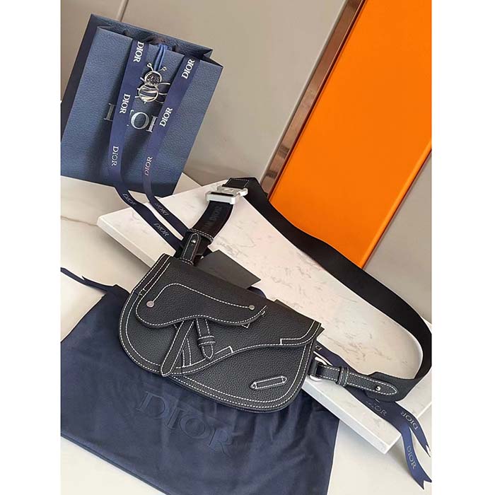 Dior Unisex CD Saddle Pouch Black Grained Calfskin Hallmark Saddle