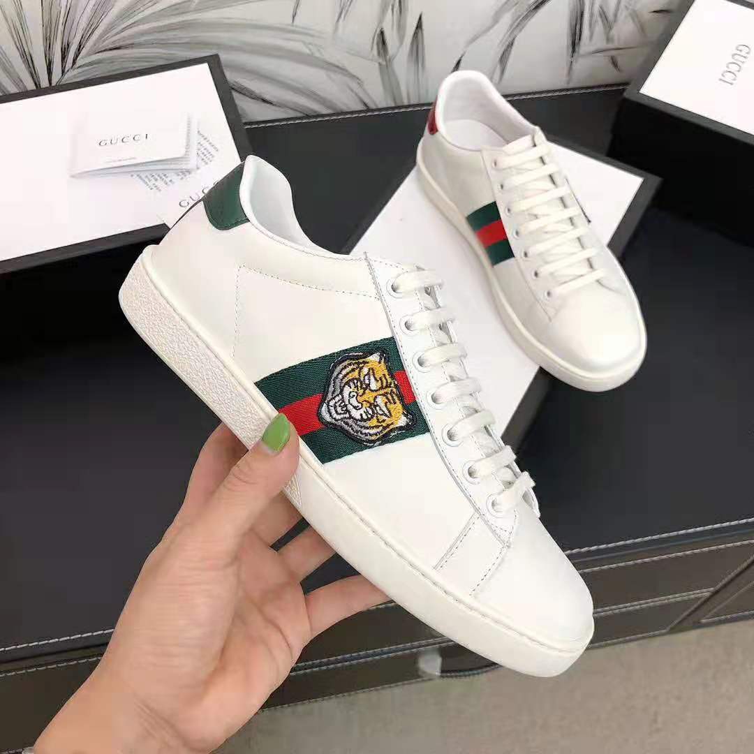 Gucci Men Ace Embroidered Sneaker with Embroidered Tiger Appliqué-White