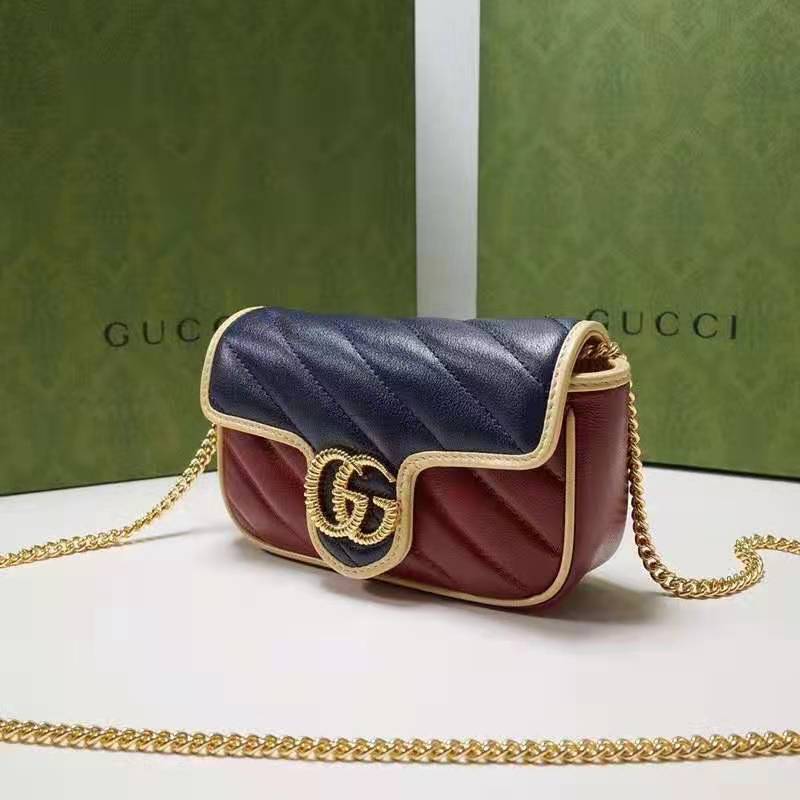 Gucci Unisex GG Marmont Super Mini Bag Blue and Dark Red Diagonal Matelassé Leather