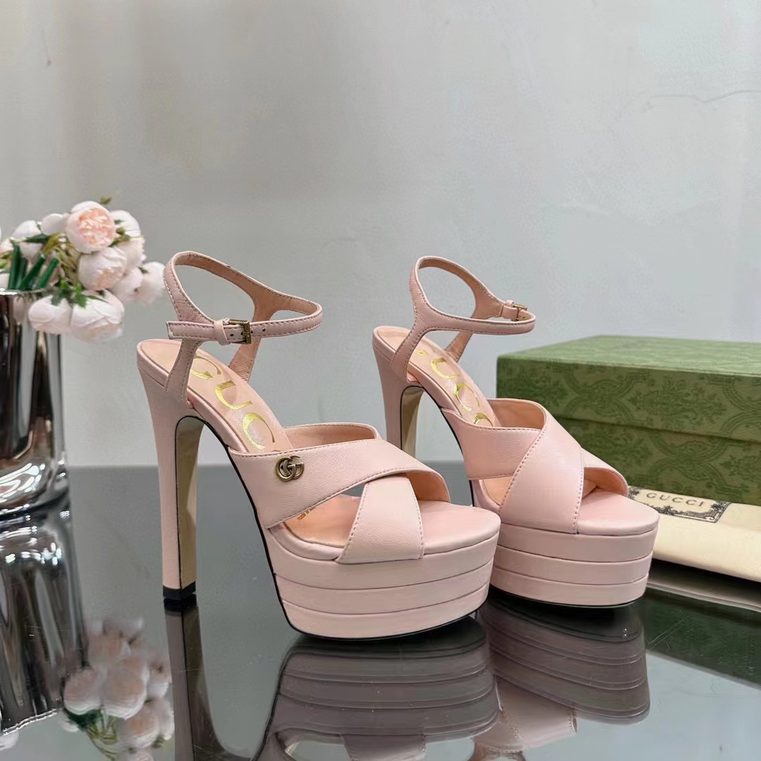 Gucci Women GG Horsebit Platform Sandal Light Pink Leather High 13 CM Heel