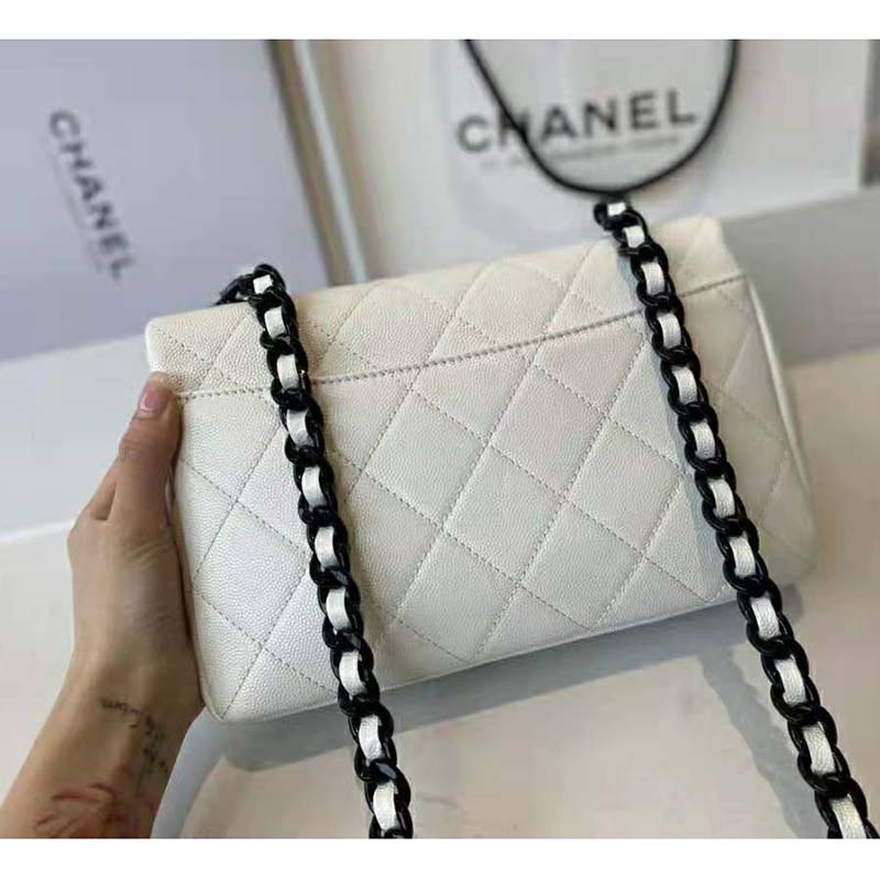 Chanel Women Small Flap Bag Grained Calfskin Lacquered Metal White Black