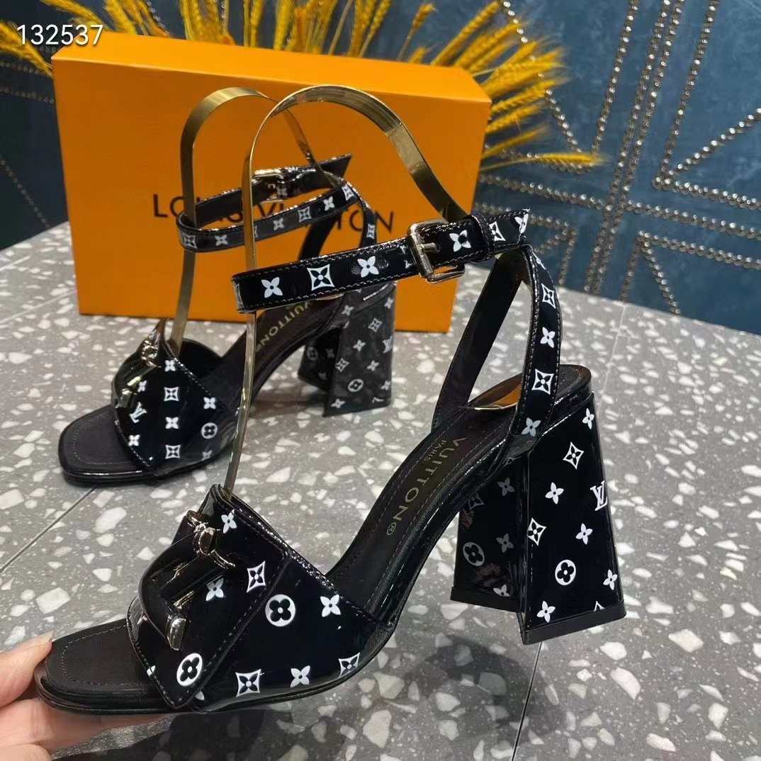 Louis Vuitton Women LV Shake Sandal Black White Printed Patent Calf Leather 9.5 CM Heel