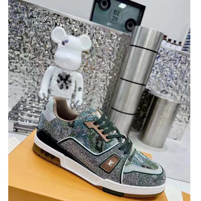 Louis Vuitton LV Unisex Trainer Sneaker Khaki Green Strass Rubber Monogram Flowers
