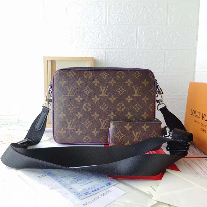 Louis Vuitton LV Unisex Trio Messenger Bag Monogram Macassar Coated Canvas Purple Cowhide