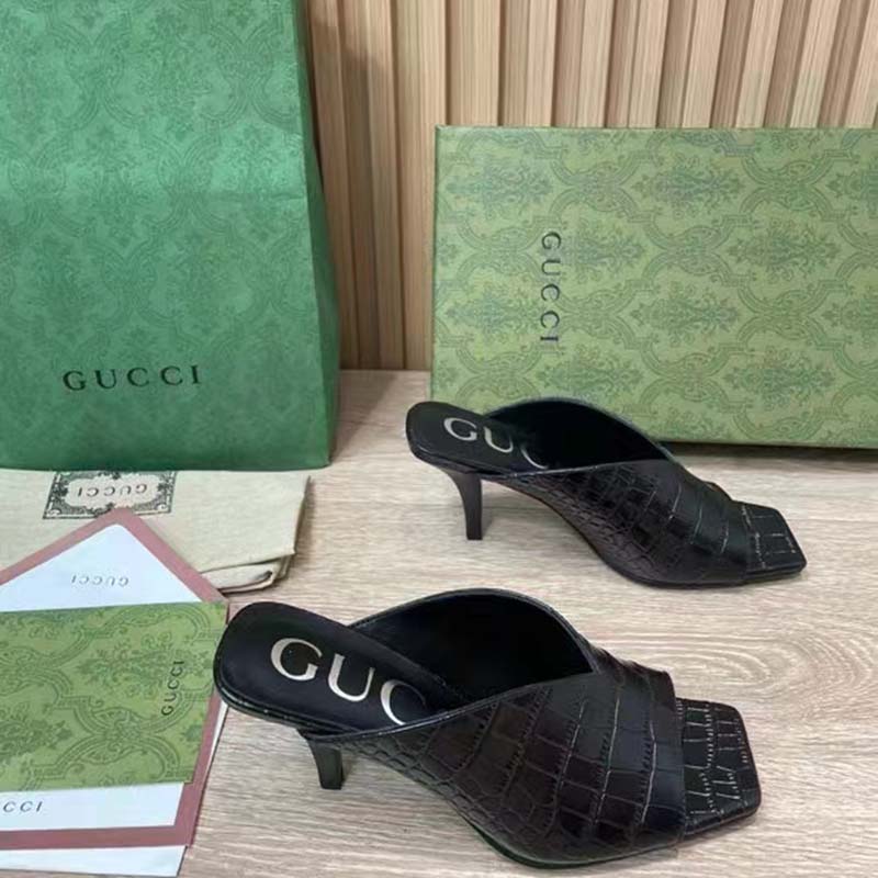 Gucci Women GG Crocodile Print Pump Black Square Toe Mid Heel