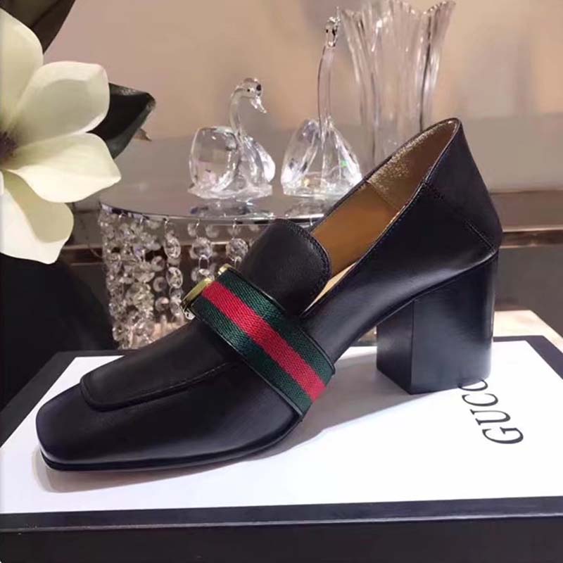 Gucci Women Leather Mid-Heel Loafer Shoes-Black