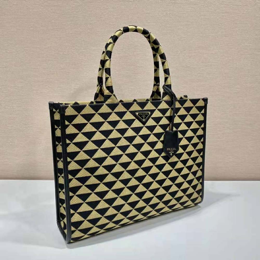 Prada Women Large Prada Symbole Jacquard Fabric Handbag-Brown