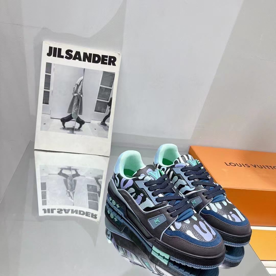 Louis Vuitton Unisex LV x YK LV Trainer Sneaker Navy Blue Camouflage-Printed Canvas Grained Calf